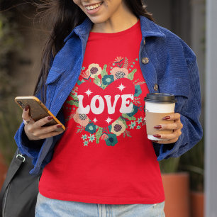 Retro Floral Heart Love Red Valentine's Day T-Shirt