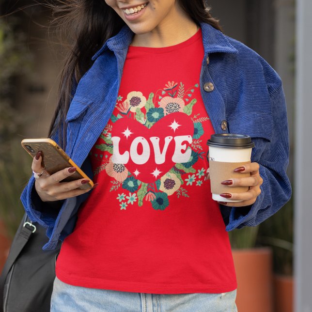 Retro Floral Heart Love Red Valentine's Day T-Shirt (Creator Uploaded)
