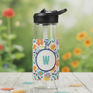 Retro Floral Initial – Monogram Gift for Her Water Bottle
