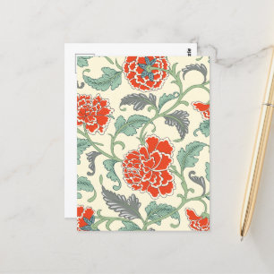 Retro floral Japanese style Red Ivory Green Postcard