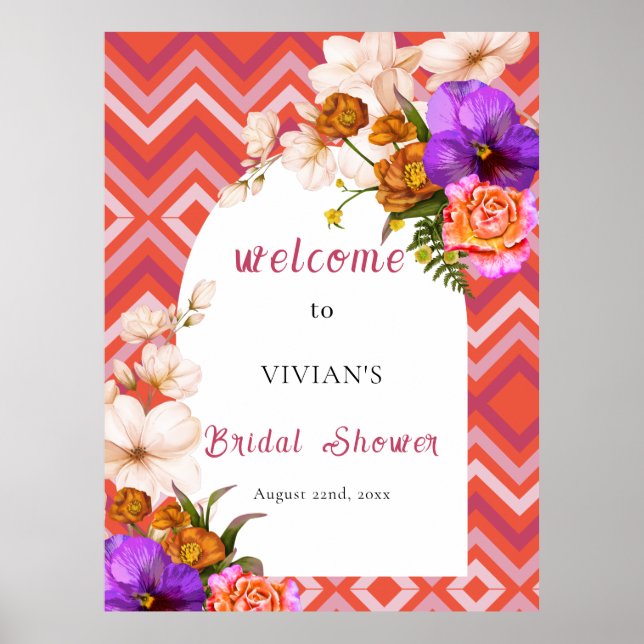 Retro Floral Magenta Fuchsia Bridal Shower Welcome Poster (Front)
