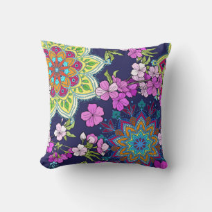 Retro Floral/Mandala Design, Navy & Pink Cushion