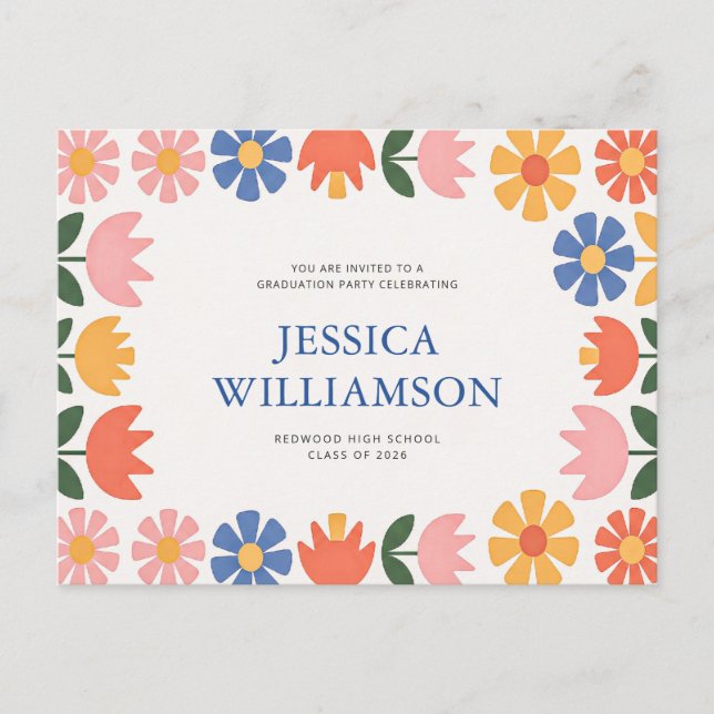 Retro Floral Modern Script Graduation Thank You Postcard (Front)