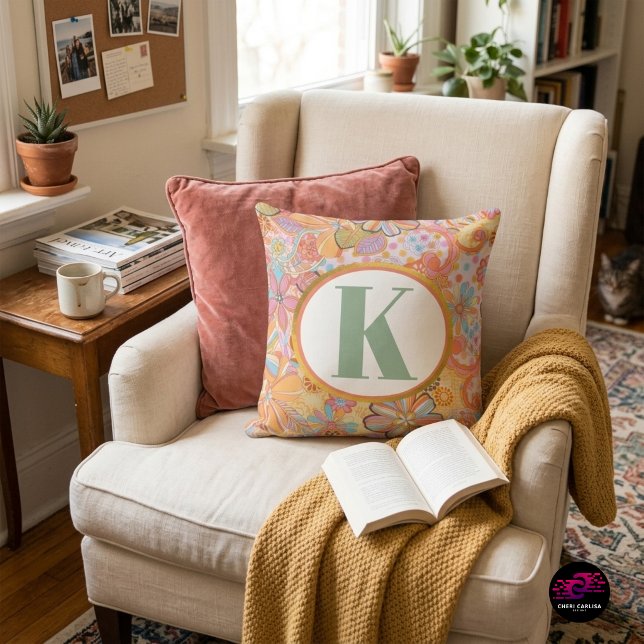 Retro Floral Monogram Groovy Pattern Cushion (Flower power called… it wants its vibes back 🌼✨)