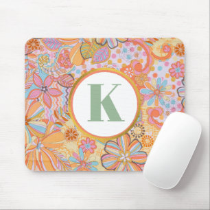 Retro Floral Monogram Groovy Pattern Mouse Pad