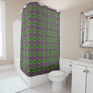 Retro Floral Mosaic pattern Green and Purple Shower Curtain