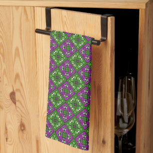 Retro Floral Mosaic pattern Green and Purple Tea Towel