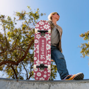 Retro Floral Name Pink Skateboard