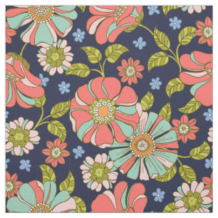 Retro Floral Navy Pink  Fabric