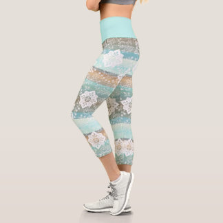 Retro Floral On Funky Chic Cool Stripes Pattern Capri Leggings