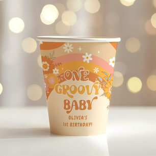 Retro floral one groovy baby paper cups