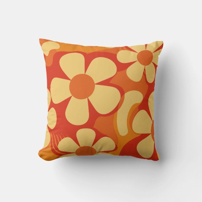 Retro Floral Orange and Yellow Pattern Cushion (Front)