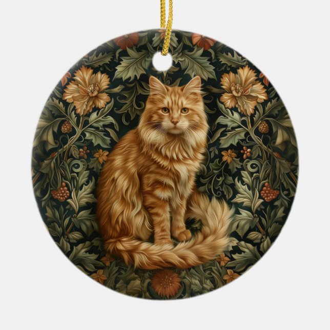 Retro Floral Orange Cat Ceramic Tree Decoration (Front)