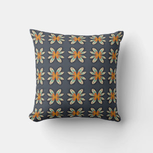 Retro Floral Orange Navy Blue Abstract Pattern Cushion