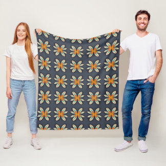 Retro Floral Orange Navy Blue Abstract Pattern  Fleece Blanket