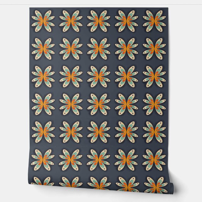Retro Floral Orange Navy Blue Abstract Pattern  Wallpaper (Unrolling)