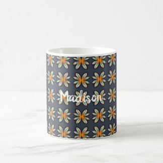 Retro Floral Orange Navy Blue Pattern Custom Coffee Mug