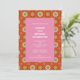 Retro Floral Orange Pink 21st Birthday Party Invitation