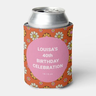 Retro Floral Orange Pink 40th Birthday Party Can Cooler