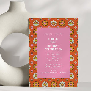 Retro Floral Orange Pink 40th Birthday Party Invitation