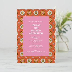 Retro Floral Orange Pink 60th Birthday Party Invitation