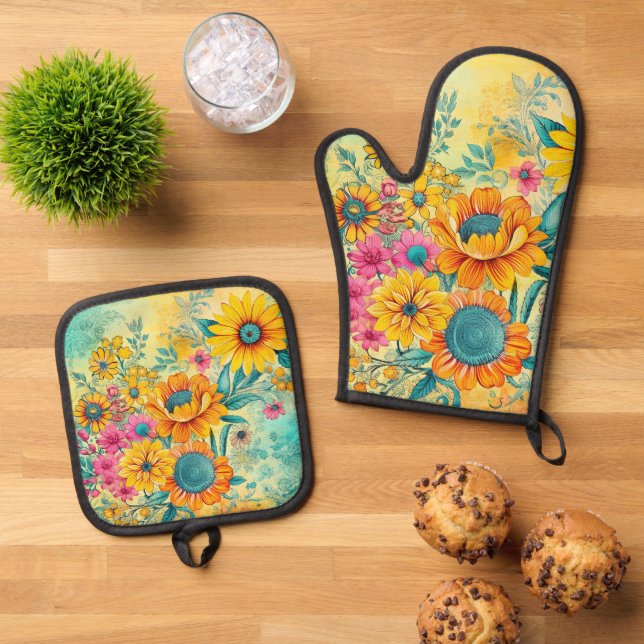 Retro Floral Oven Mitt & Pot Holder Set (Top Down)