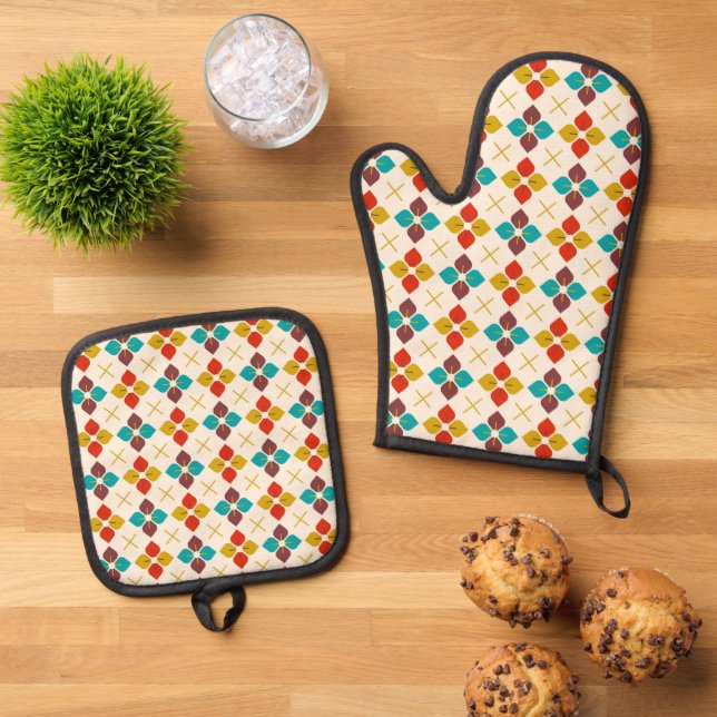 Retro Floral  Oven Mitt & Pot Holder Set (Top Down)