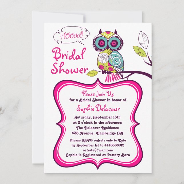 Retro Floral Owl Hot Pink Bridal Shower Invitation (Front)