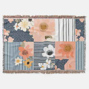 Retro Floral Patchwork in Pink and Blue Throw Blanket