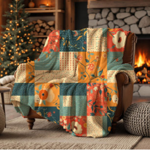 Retro-Floral-Patchwork-Quilt Fleece Blanket