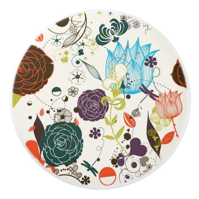 Retro Floral Pattern 2 Ceramic Knob (Front)