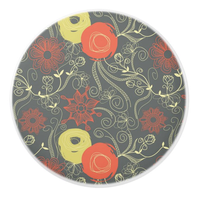 Retro floral pattern 3 ceramic knob (Front)