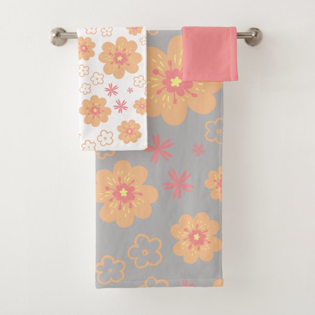 Retro Floral Pattern and Plain Pink Towel Set (Insitu)
