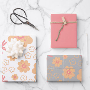 Retro Floral Pattern and Plain Pink Wrapping Paper Sheet