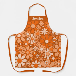 Retro Floral Pattern Burnt Orange Personalised Apron