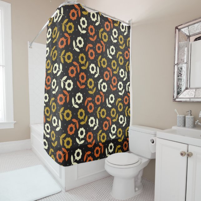 Retro Floral Pattern Earth Tones Shower Curtain (In Situ)