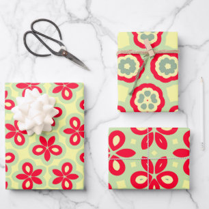  Retro Floral Pattern in Red, Cream and Mint Green Wrapping Paper Sheet