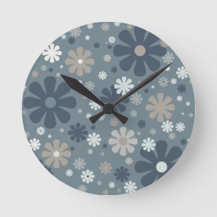 Retro Floral Pattern in Steel Blue Round Clock