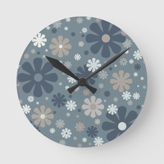 Retro Floral Pattern in Steel Blue Round Clock (Front)