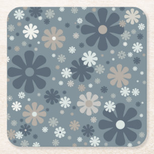 Retro Floral Pattern in Steel Blue Square Paper Coaster