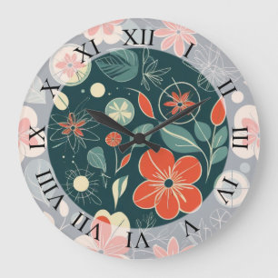 Retro Floral Pattern Mid Century Modern Botanica Large Clock
