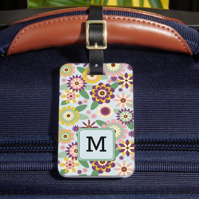 Retro Floral Pattern Monogram Initial Luggage Tag (Front Insitu 2)