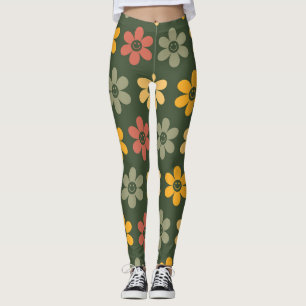 Retro Floral Pattern on a green background Leggings