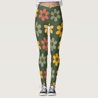 Retro Floral Pattern on a green background Leggings