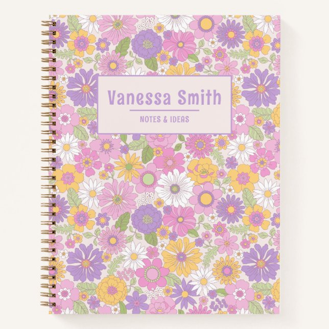 Retro Floral Pattern Personalised Spiral Notebook (Front)