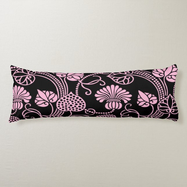 Retro Floral Pattern Pink on Black Body Cushion (Front)
