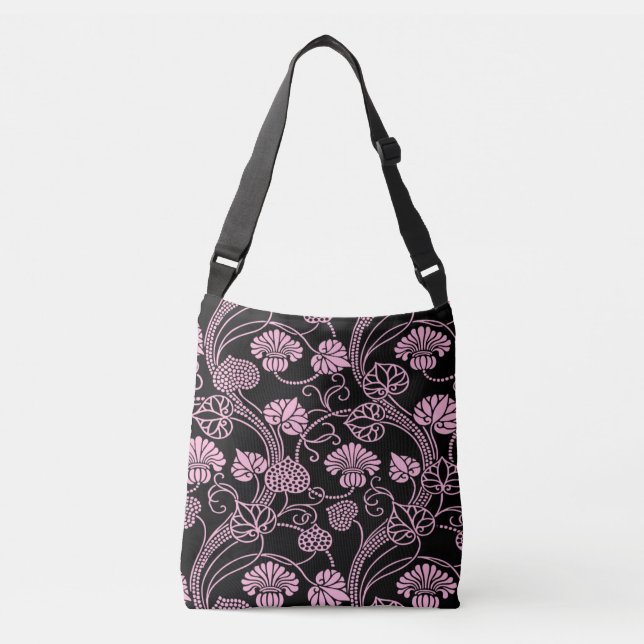 Retro Floral Pattern Pink on Black Crossbody Bag (Front)