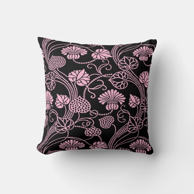 Retro Floral Pattern Pink on Black Cushion (Front)