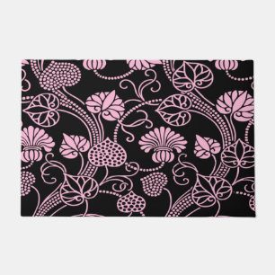 Retro Floral Pattern Pink on Black Doormat