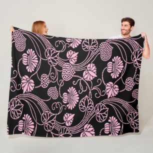 Retro Floral Pattern Pink on Black Fleece Blanket